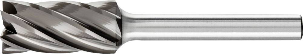 Fraise cylindrique en acier avec des arêtes de coupe hélicoïdales, utilisée pour fraiser et couper des surfaces métalliques.