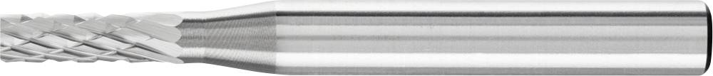 Un fraiseur en argent avec une denture en forme de diamant sur le côté gauche et une forme cylindrique lisse sur le côté droit.