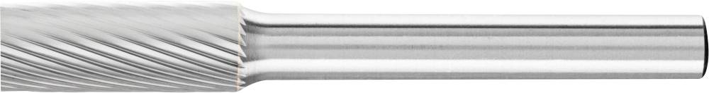Tige métallique cylindrique argentée avec un motif en spirale sur le côté gauche, surface lisse sur la droite.