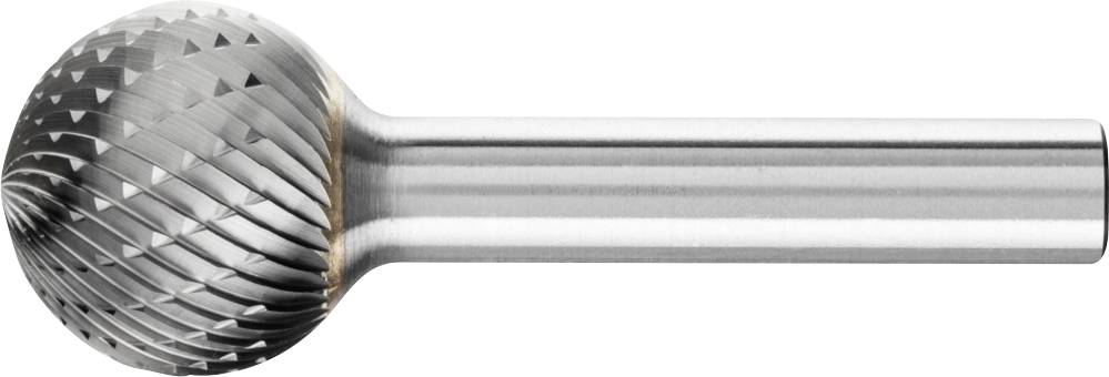 Fraise en métal à tête sphérique et arêtes de coupe hélicoïdales, adaptée à l'usinage de matériaux tels que le métal ou le bois.