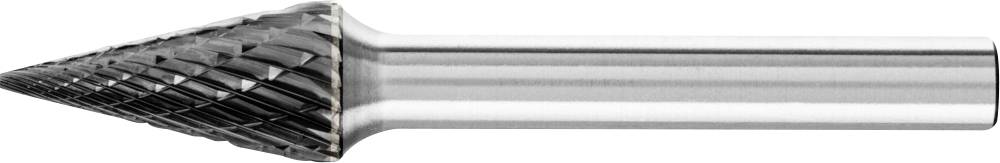 Fraise en métal, de forme conique, avec des dents de coupe hélicoïdales et une tige cylindrique. Utilisée dans l'usinage des métaux.