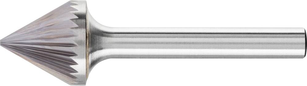 Un alésoir conique en argent avec des arêtes spiralées, adapté pour ébavurer les surfaces métalliques.