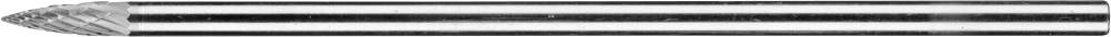 Un outil de fraisage métallique pointu et cylindrique avec des rainures hélicoïdales, utilisé pour l'usinage de matériaux tels que le bois ou le métal.