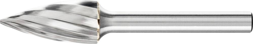 Une fraise rotative à pointe conique, en métal brillant, sur un fond blanc.