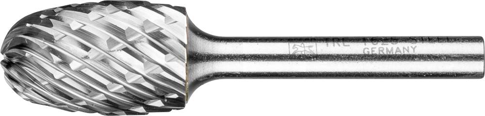 Fraise à tige cylindrique et tête sphérique, en métal avec un motif de coupe hélicoïdal, sur fond blanc.