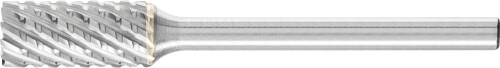 Un fraiseur cylindrique à cannelures hélicoïdales, en métal brillant, est utilisé pour couper ou fraiser du matériau avec précision.