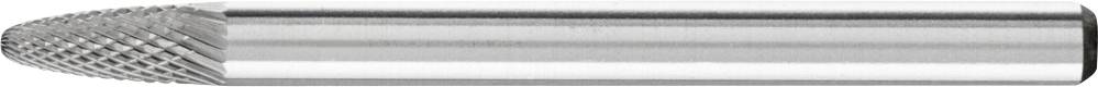 Fraise en métal à tige cylindrique et tête cannelée, effilée de manière conique, utilisée pour meuler ou façonner des matériaux.