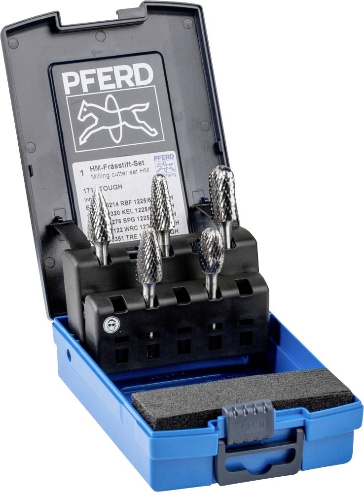 Un ensemble de cinq outils de meulage rotatifs présenté dans un coffret bleu ouvert. Les outils ont des formes différentes.