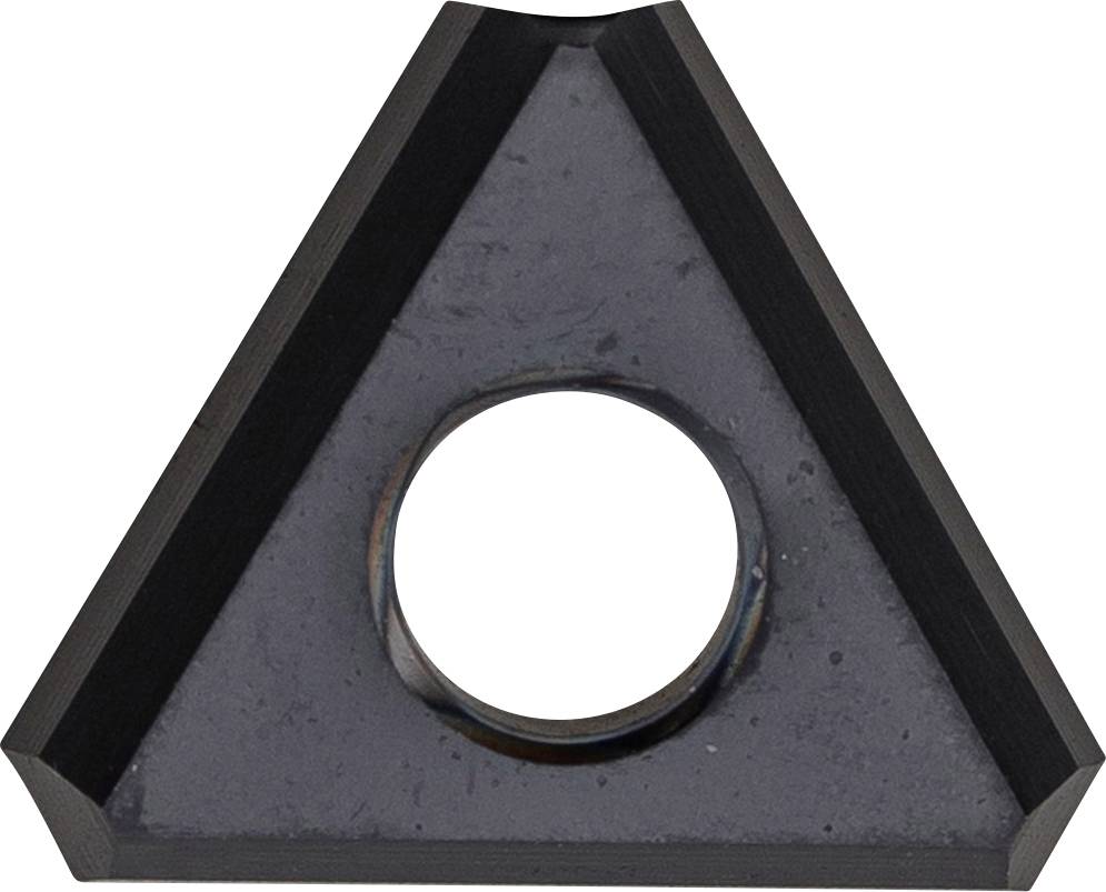 Plaque métallique noire triangulaire avec un trou central rond, bords plats.