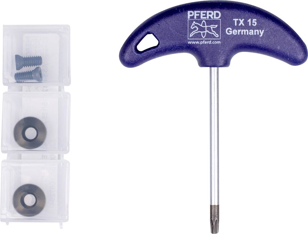 Tournevis cruciforme TX 15 de PFERD, à côté de trois petites boîtes en plastique contenant des vis et des rondelles.