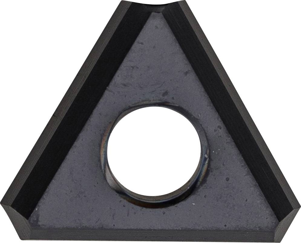 Pièce métallique sombre de forme triangulaire avec un trou central, potentiellement un outil ou un composant de machine.