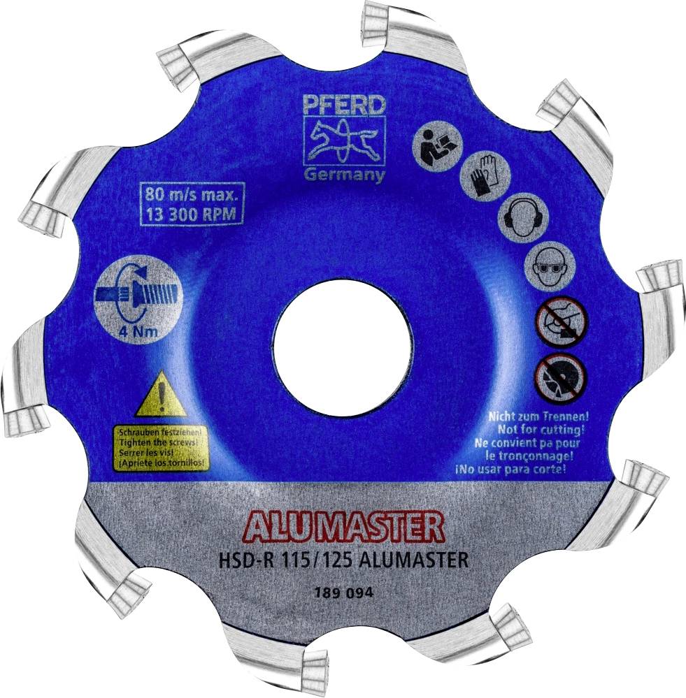 'PFERD ALUMASTER HSD-R 115/125' Disque à surfacer, vitesse max 80 m/s, 13 300 tr/min. Non adapté à l'acier. Symboles de sécurité : Lunettes de protection, protection auditive.