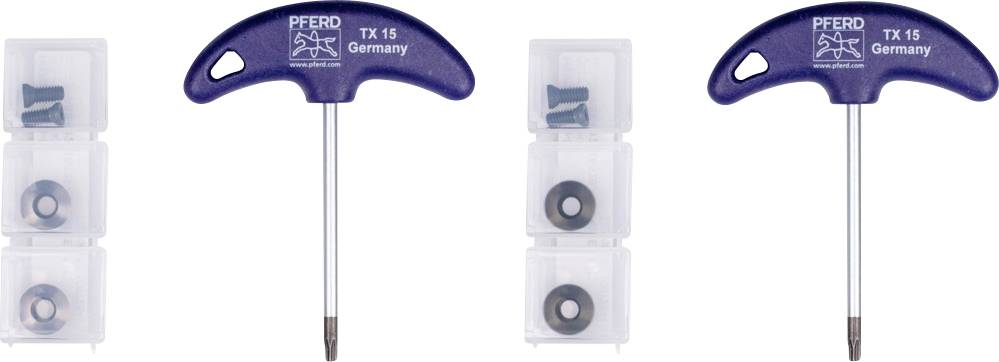 Trois clés Allen à poignée en T portant l'inscription 'PFERD TX 15 Germany', posées à côté de boîtes en plastique contenant des vis et des rondelles.