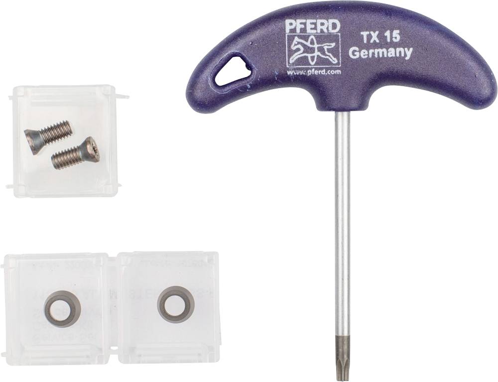 Un tournevis à poignée en T portant l'inscription 'PFERD TX 15 Germany' à côté de deux boîtes transparentes contenant des vis.
