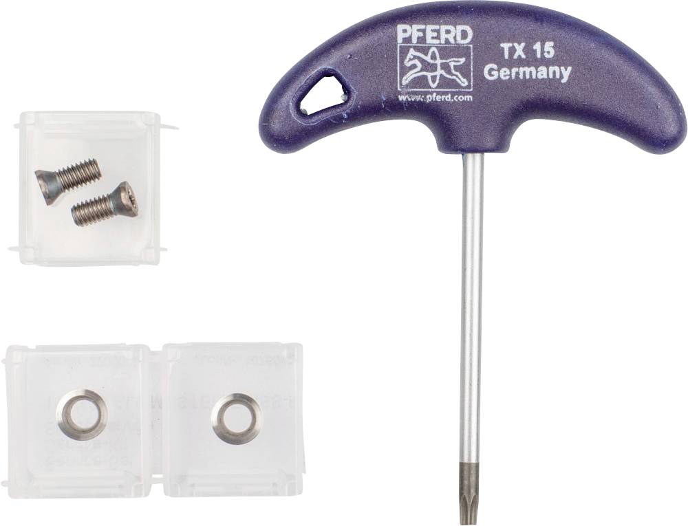 Tournevis cruciforme TX 15 de Pferd Germany avec deux vis et écrous dans des boîtes en plastique. Outil de fixation.