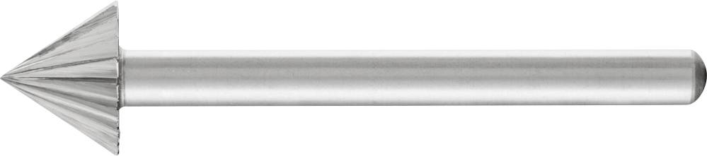 Un ébavureur conique en argent avec une pointe conique et un manche cylindrique, utilisé pour ébavurer ou préparer des trous de vis.