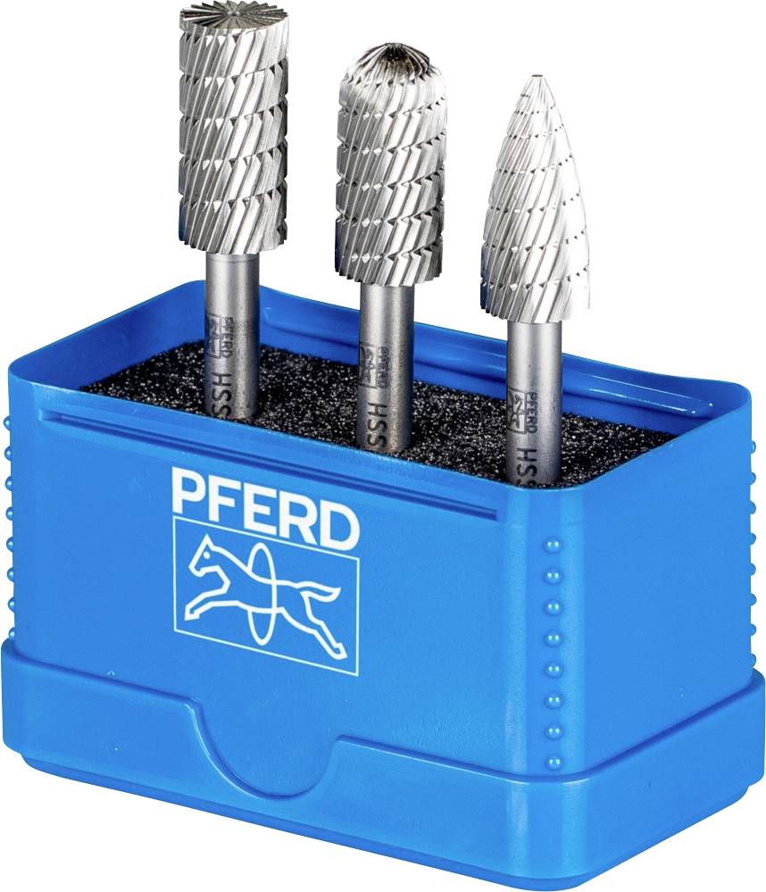 Trois limes à métaux dans un support bleu portant le logo de la marque 'Pferd'. Elles présentent des formes et des structures de surface différentes.