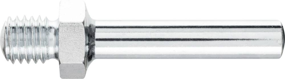 Une pièce métallique de couleur argent avec un filetage à gauche et une tige lisse à droite, souvent utilisée comme raccord ou adaptateur dans les machines.