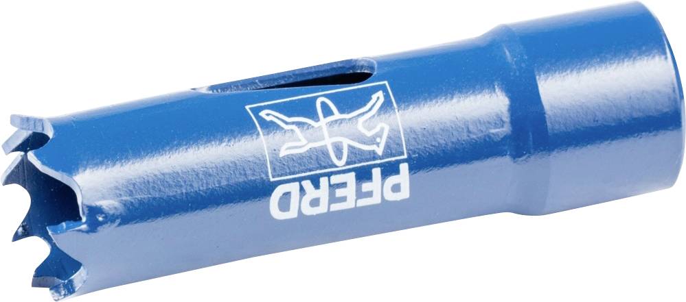 Scie-cloche bleue de la marque 'PFERD' avec bordure dentelée, adaptée pour percer des trous précis dans des matériaux tels que le bois ou le métal.
