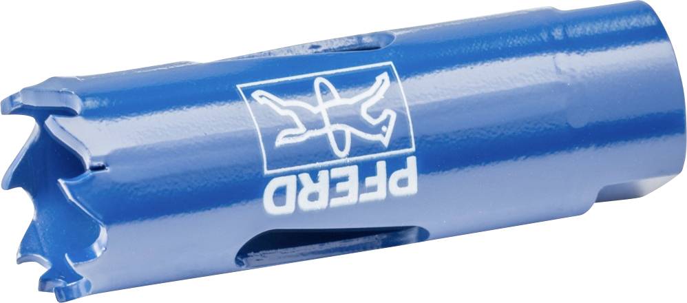 Scie cloche bleue avec tranchant arrondi et logo 'Cheval'. Adaptée pour les perçages en métal et en bois, conception robuste.
