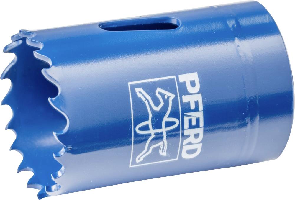 Scie-cloche bleue de PFERD avec dentelure sur le pourtour et logo de l'entreprise sur le côté, utilisée pour percer des trous circulaires dans divers matériaux.