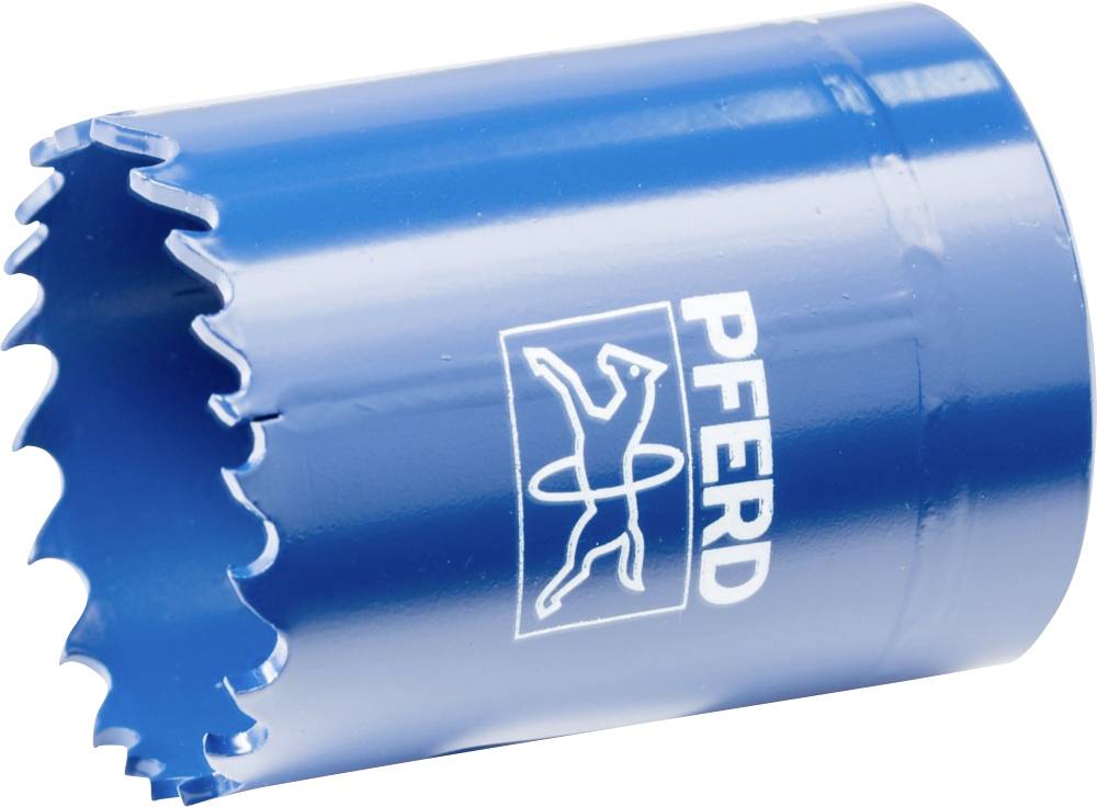 Un embout de scie cloche bleu avec un bord dentelé et le logo 'PFERD' sur le côté, utilisé pour les perceuses afin de créer des trous.