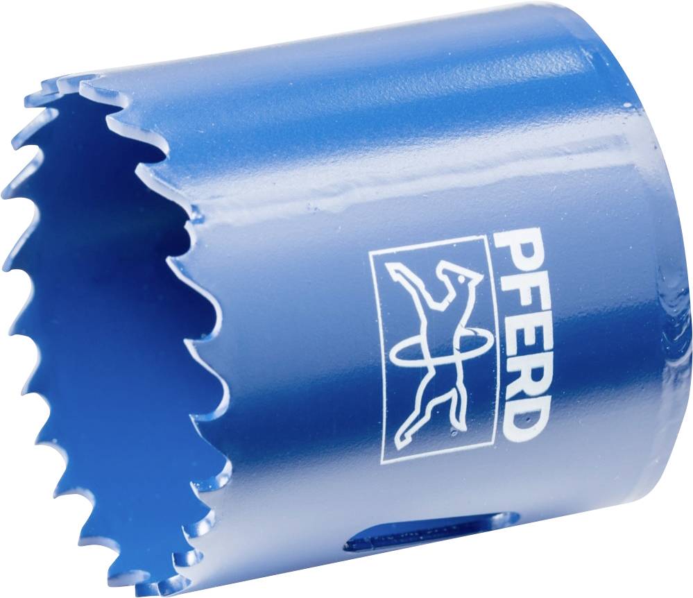 Embout de scie cloche bleu avec dentelure de coupe et logo 'PFERD', adapté pour le perçage précis dans différents matériaux.