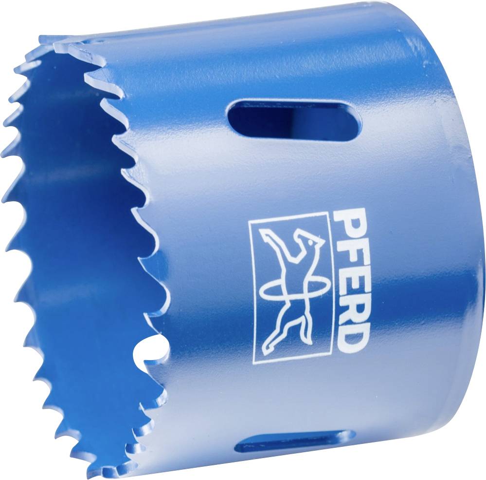 Scie cloche bleue avec bord dentelé, marquage de marque 'PFERD' et symbole de cheval, adaptée aux perceuses.
