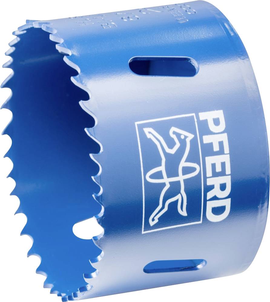 Scie cloche bleue avec bord dentelé portant l'inscription 'PFERD' et un logo représentant un cheval. Outil conçu pour des perçages précis.