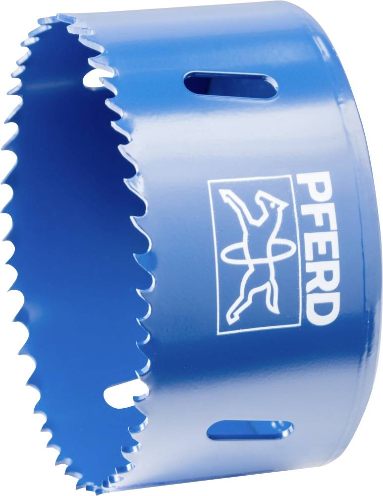 Scie cloche bleue avec des dents tranchantes, logo de marque 'PFERD' visible. Utilisée pour le perçage dans différents matériaux.