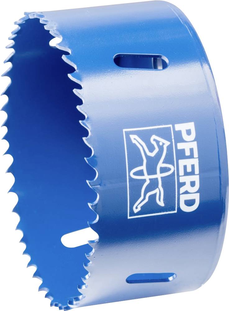 Une lame de scie-cloche bleue avec un bord dentelé. Le logo représentant un cheval et le texte 'PFERD' y est imprimé.