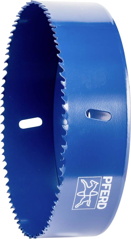 'Adaptateur de scie cloche bleu avec bord denté et deux découpes, marqué du logo 