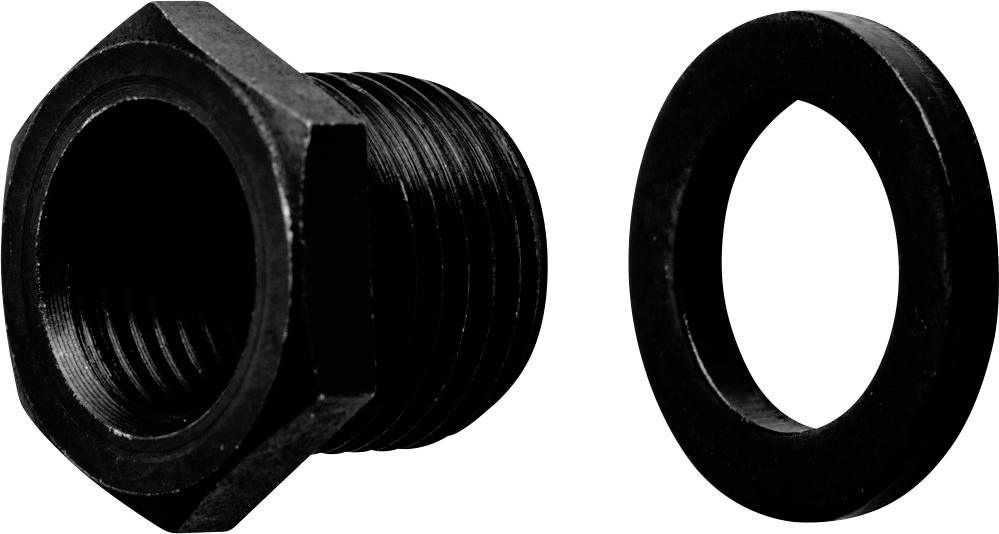 Deux pièces métalliques : à gauche, un adaptateur de fixation hexagonal noir fileté, à droite, un anneau noir.