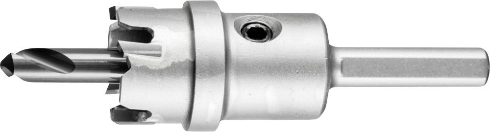 Couronne de forage en métal avec tige cylindrique et plusieurs dents de coupe tranchantes, adaptée au perçage de grands trous sur des surfaces métalliques.