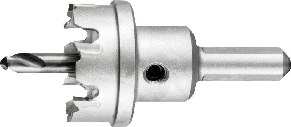 Un accessoire de scie-cloche en argent avec bord dentelé et élément de guidage central, sur fond blanc.