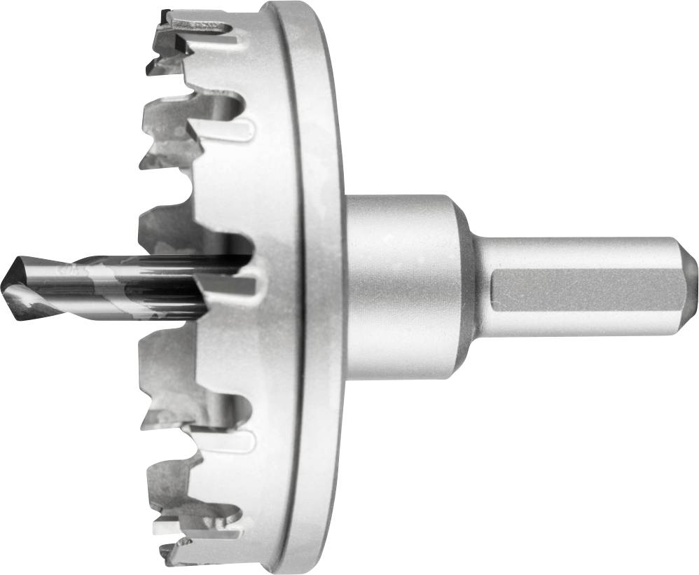 Un adaptateur de scie cloche argenté avec des segments dentelés pour percer de grands trous, monté sur un mandrin hexagonal.