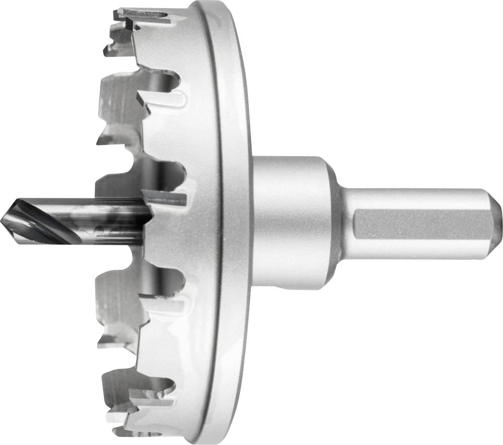 Scie-cloche métallique à denture et foret, adaptée pour percer de grands trous dans des surfaces métalliques.