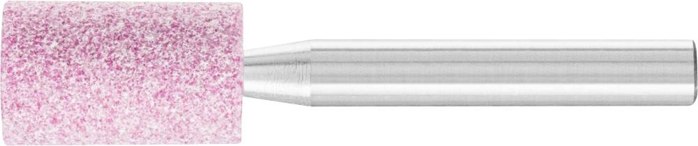 Un embout de meulage cylindrique en matériau abrasif rose avec une poignée en métal argenté, utilisé pour le traitement des surfaces.