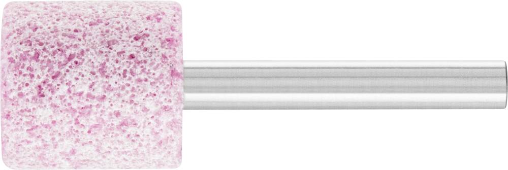 Une meule à aiguiser rose de forme cylindrique avec une tige métallique argentée. Adaptée aux travaux de précision et au polissage fin.