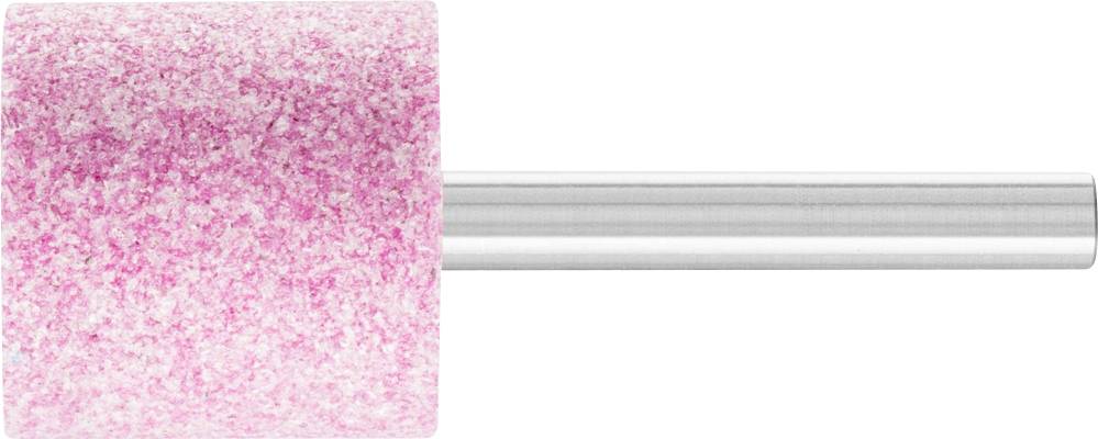 Une meule rose de forme cylindrique, fixée sur un axe métallique, sert à meuler et polir des matériaux.