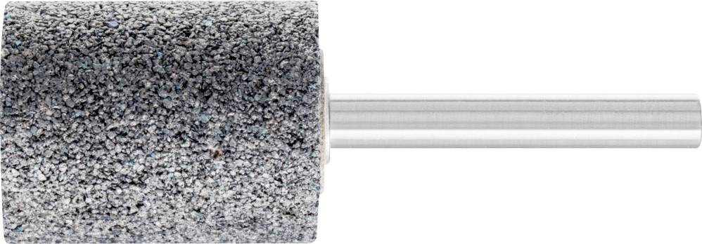 Une meule abrasive grise de forme cylindrique avec un arbre métallique. Elle est utilisée pour le meulage de surfaces dans des applications artisanales.
