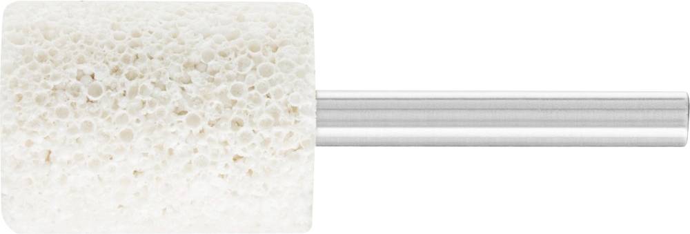 Un embout de meulage blanc, cylindrique, composé d'un matériau poreux, fixé sur une tige métallique.