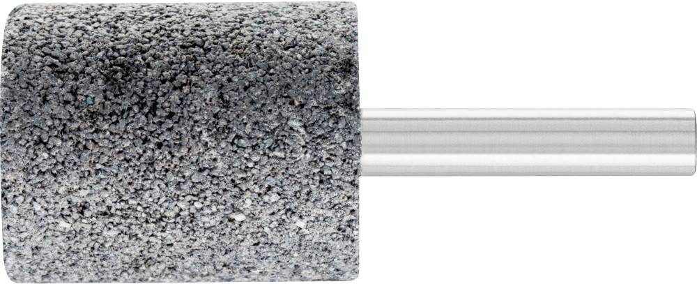 Un disque de meulage cylindrique à grain grossier, monté sur une tige métallique, utilisé pour meuler ou polir.