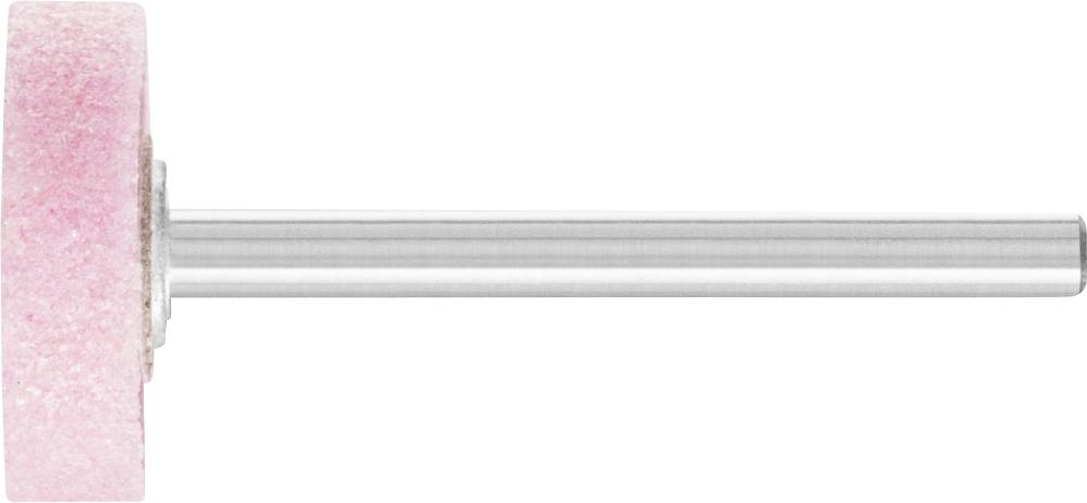 Un embout de meulage avec une tête de meulage rose et un manche argenté, aligné horizontalement sur un fond blanc.