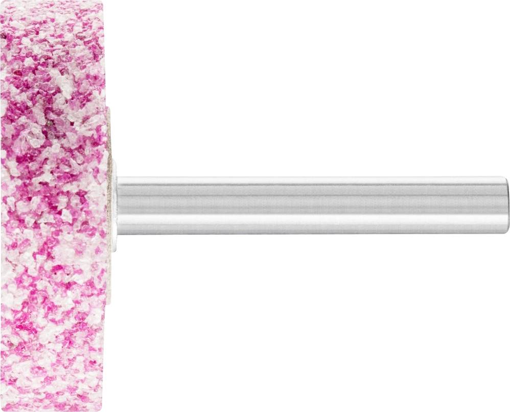 Tête de meulage ronde rose avec une texture grossière et un manche argenté, orientée horizontalement. Utilisée pour les travaux de meulage.