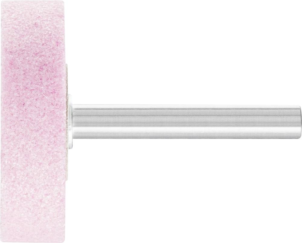 Une meule rose avec un manche en métal argenté, présentée de côté. Adaptée pour divers travaux de meulage.