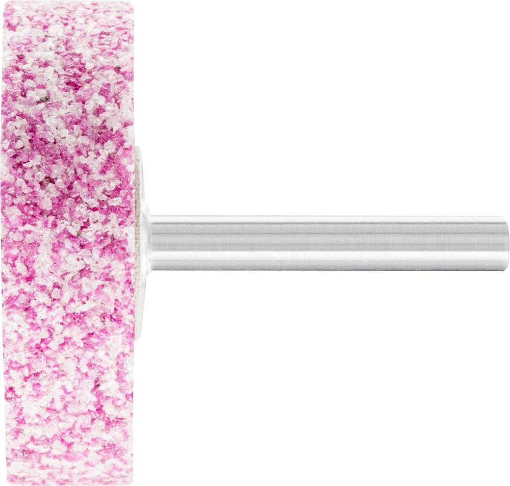 Une meule abrasive rose et blanche avec un axe métallique, représentée de côté, adaptée pour des travaux de meulage précis.