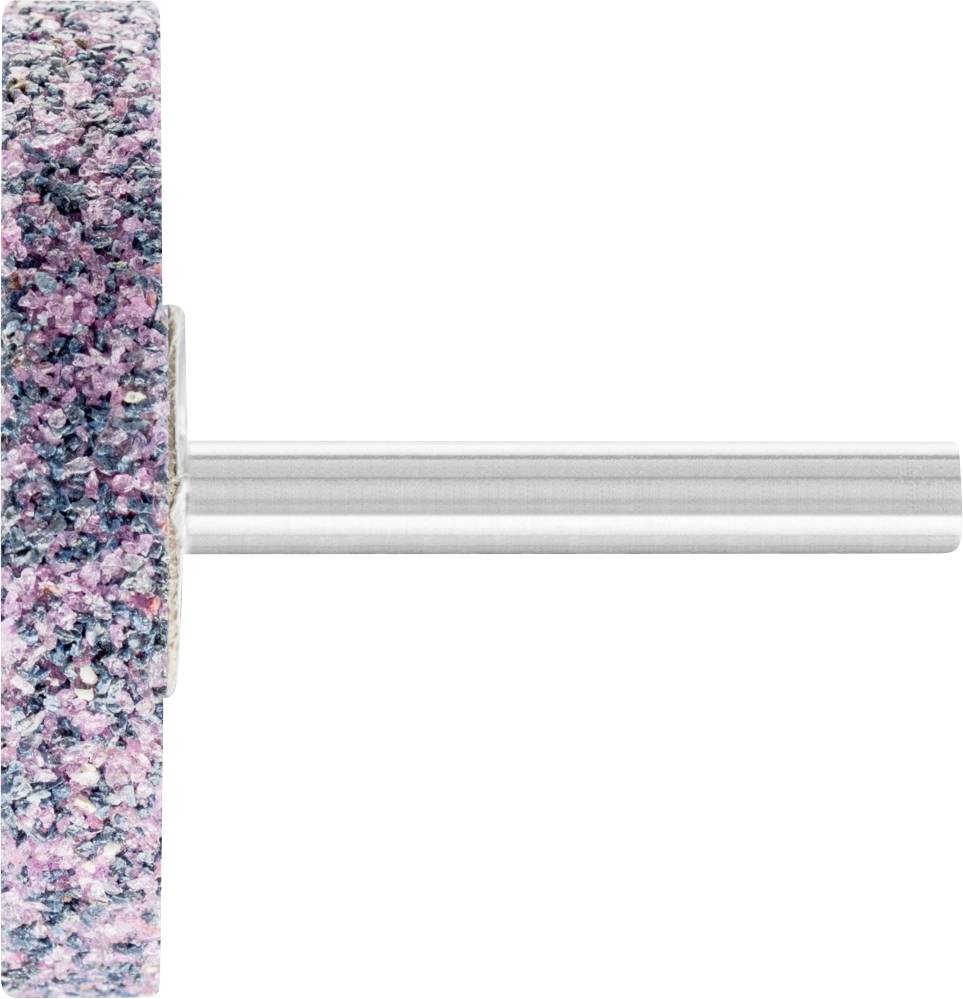 Un disque abrasif avec un grain grossier et coloré, monté sur une tige métallique, sur un fond blanc.