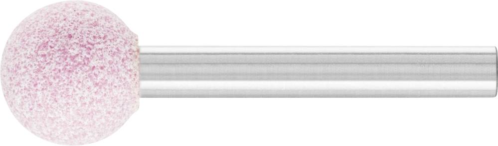 Un outil cylindrique doté d'une tête abrasive ronde aux nuances roses, souvent utilisé pour l'usinage de précision en métallurgie ou en travail du bois.