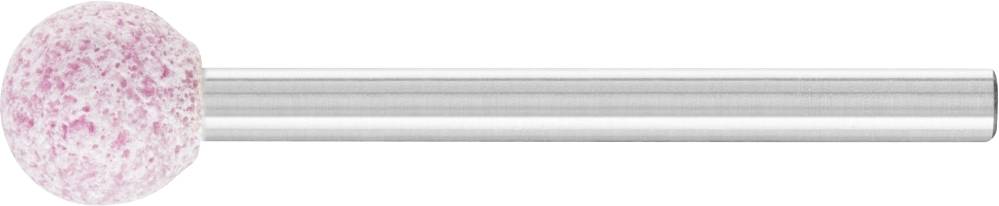 Une poignée métallique cylindrique dotée d'un embout sphérique tacheté de rose et de blanc, utilisée comme outil de meulage.